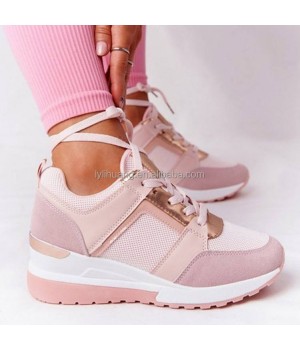 Large size women's summer New thick-soled wedge casual shoes lace-up sneakers PU leather walking women's shoes