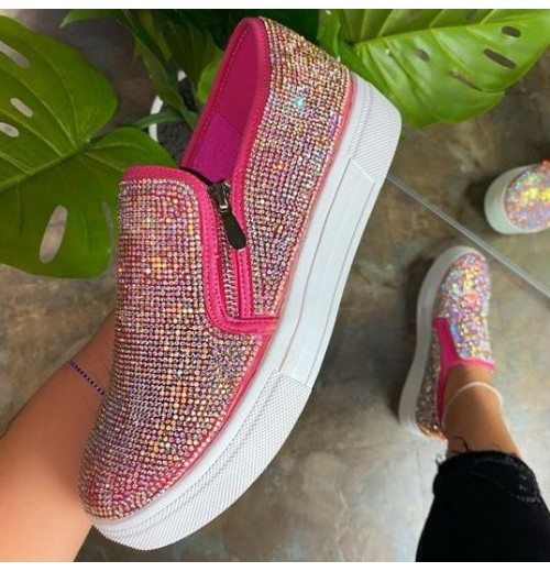 Cheap high quality newest ladies casual flat loafers sneakers shoes fashionable women's bling pedal rhinestone casual shoes